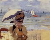 克劳德 莫奈 : Camille Sitting on the Beach at Trouville